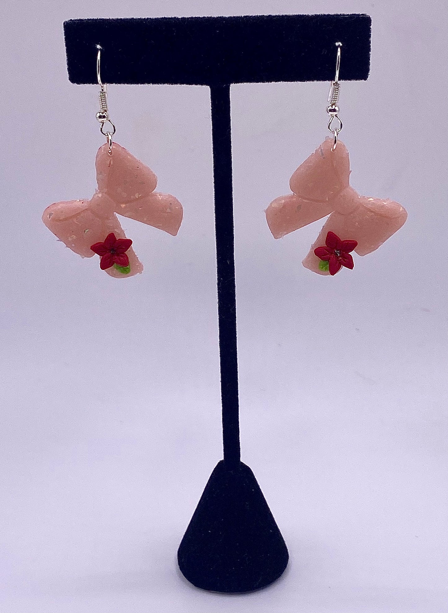 Pink Bow with Red Flowers Earrings 004