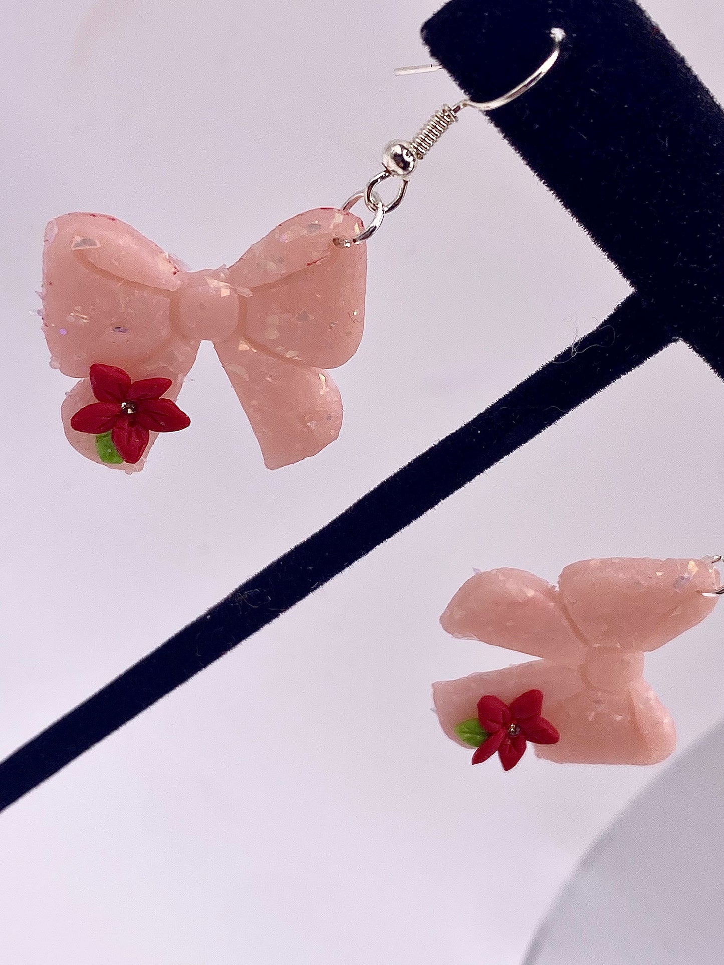 Pink Bow with Red Flowers Earrings 004