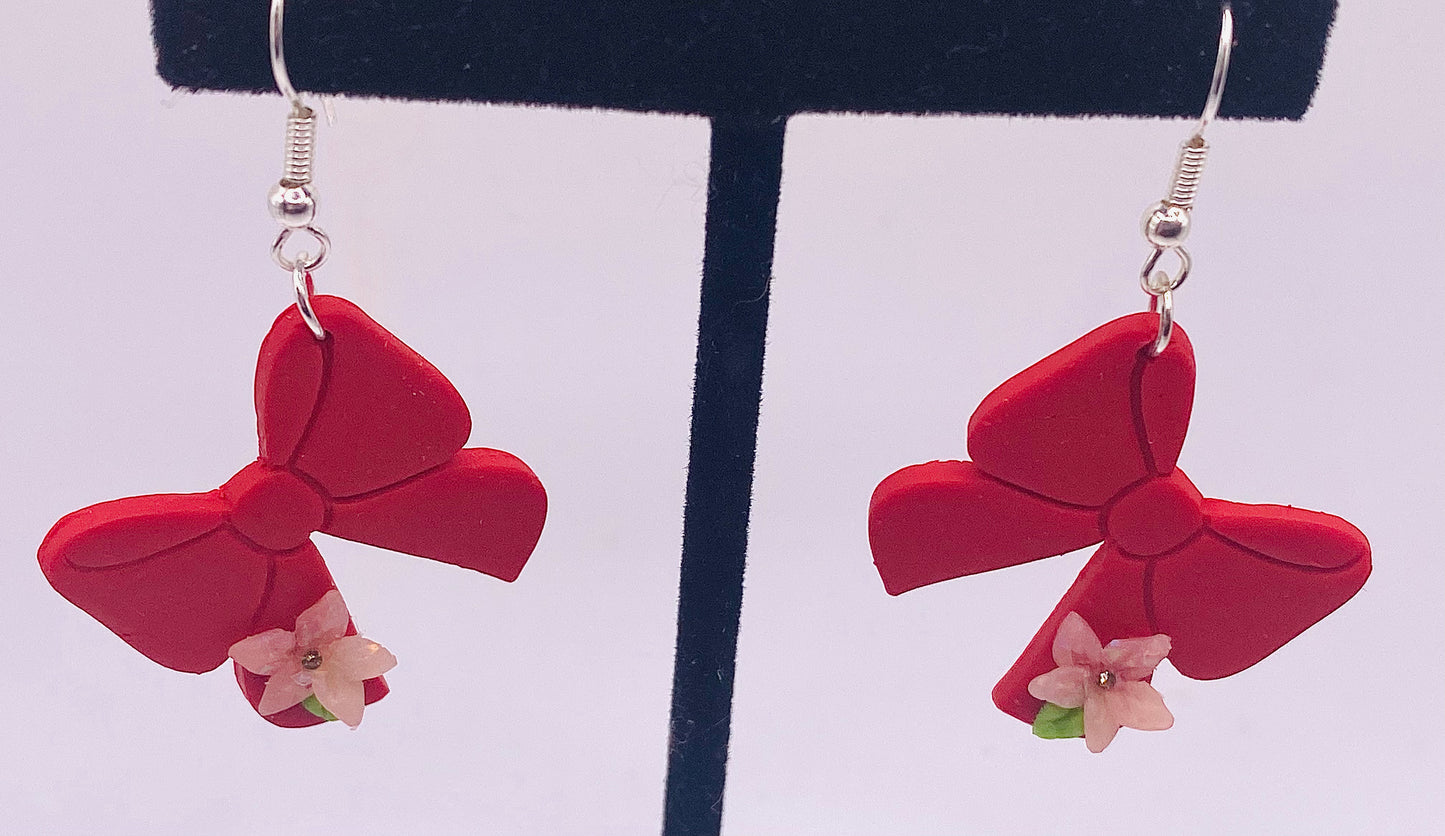 Red Bow with Pink Flower Earrings 002