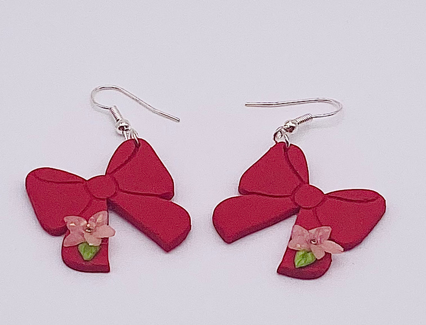 Red Bow with Pink Flower Earrings 002