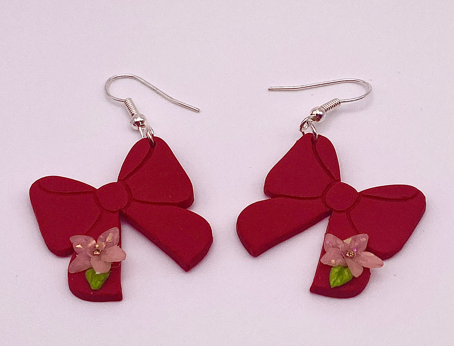 Red Bow with Pink Flower Earrings 002