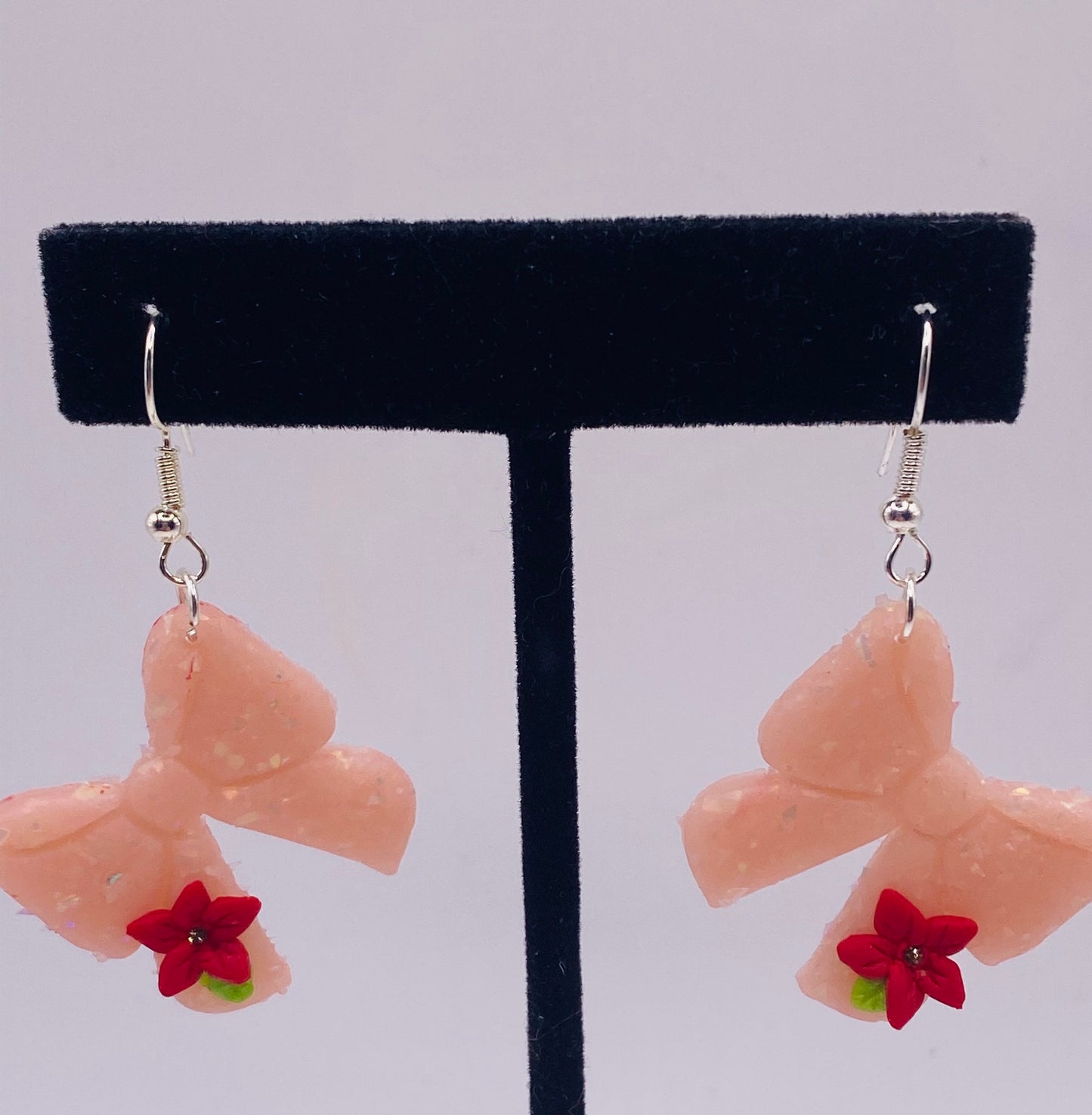 Pink Bow with Red Flowers Earrings 004