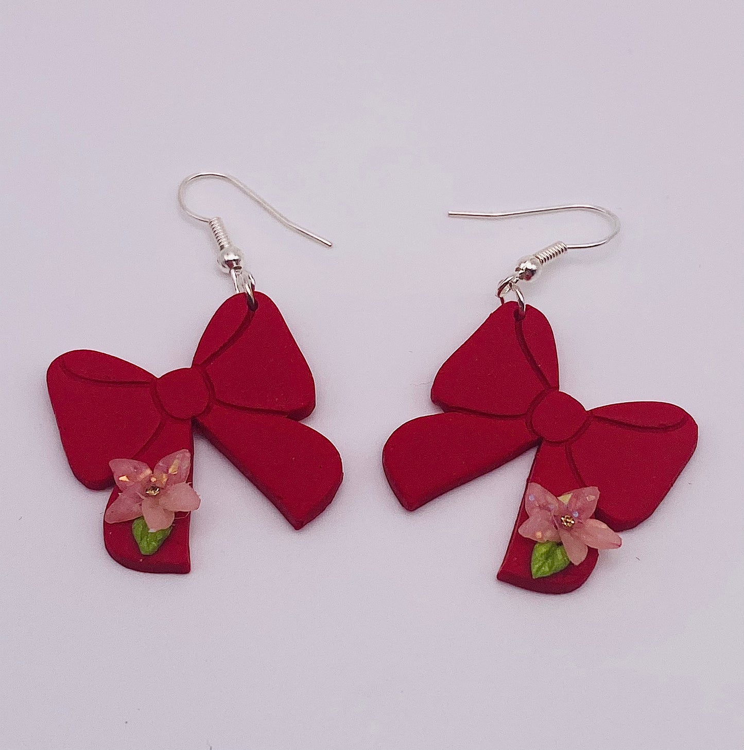 Red Bow with Pink Flower Earrings 002