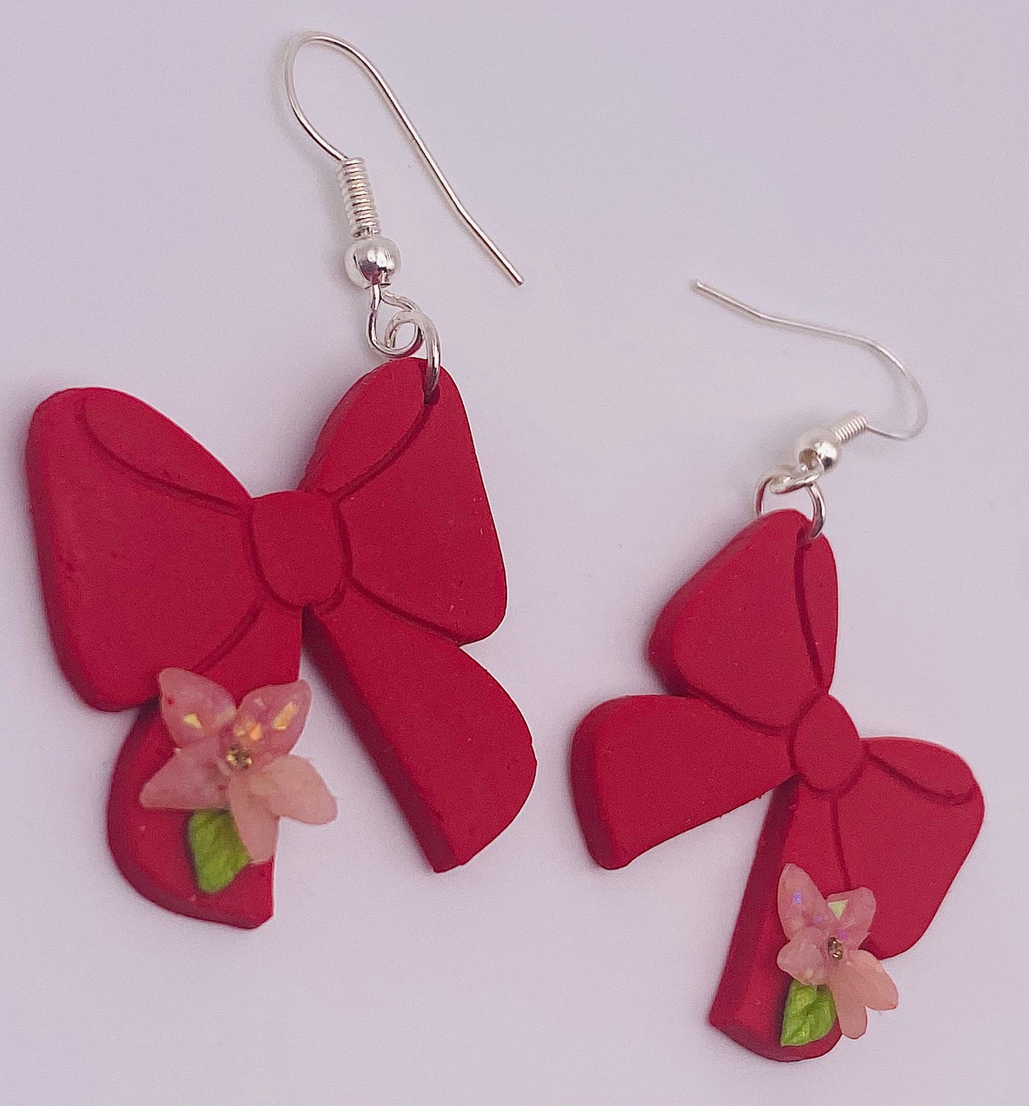 Red Bow with Pink Flower Earrings 002