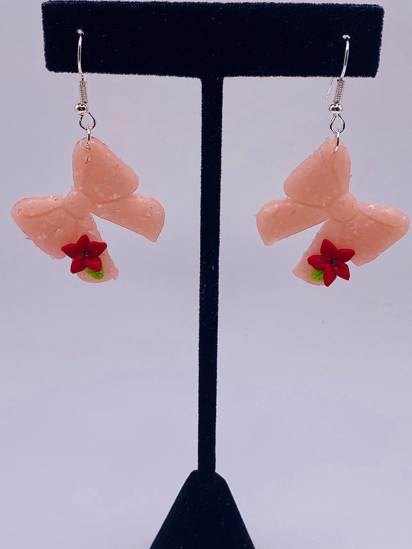 Pink Bow with Red Flowers Earrings 004