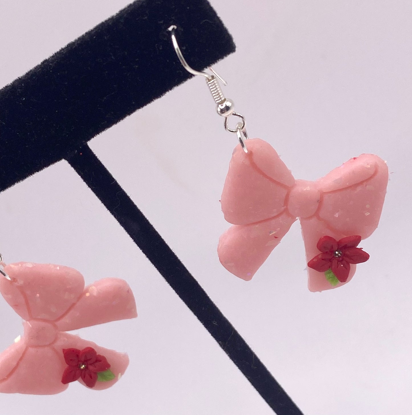 Pink Bow with Red Flowers Earrings 004