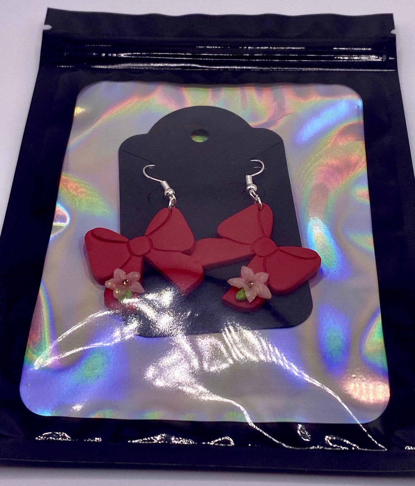 Red Bow with Pink Flower Earrings 002