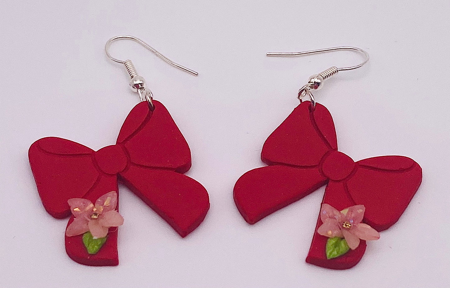 Red Bow with Pink Flower Earrings 002