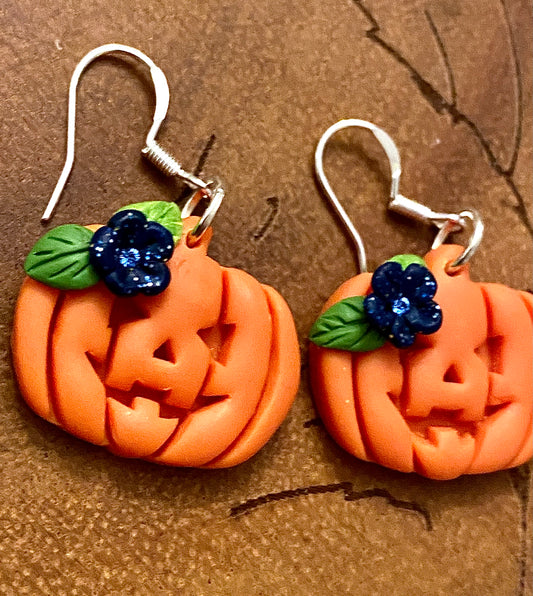 Halloween Pumpkins with Blue Flowers