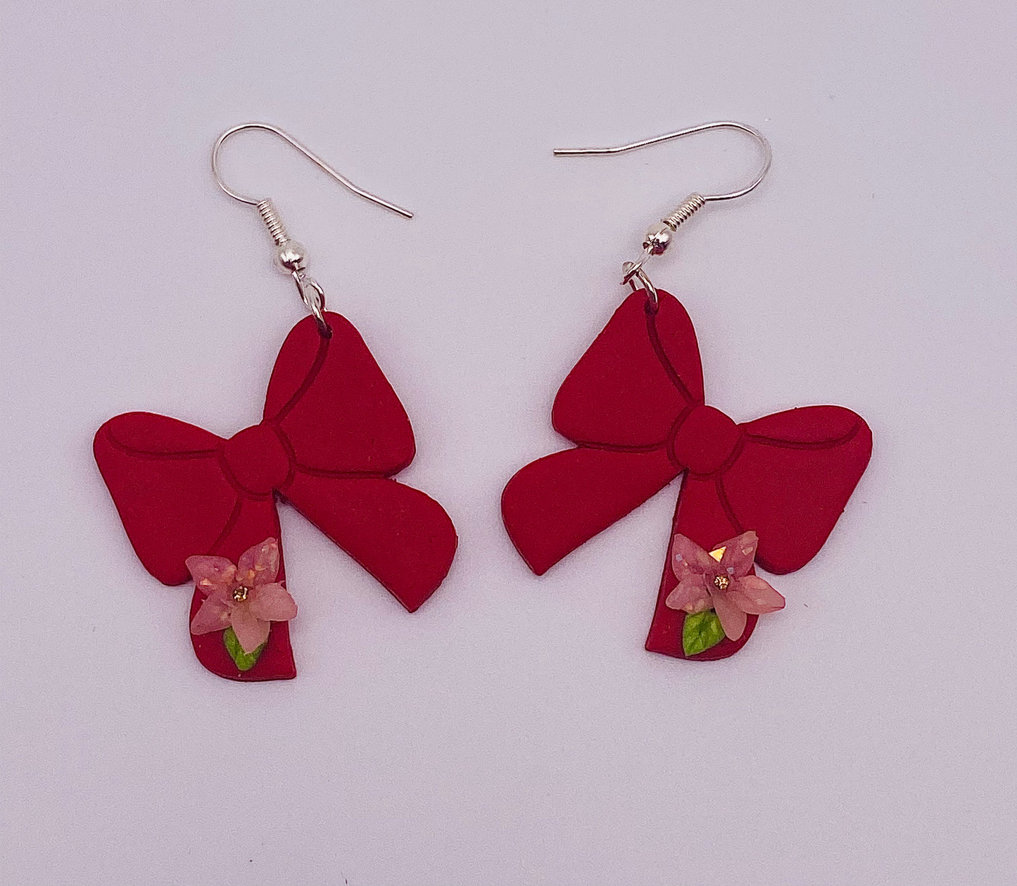 Red Bow with Pink Flower Earrings 002