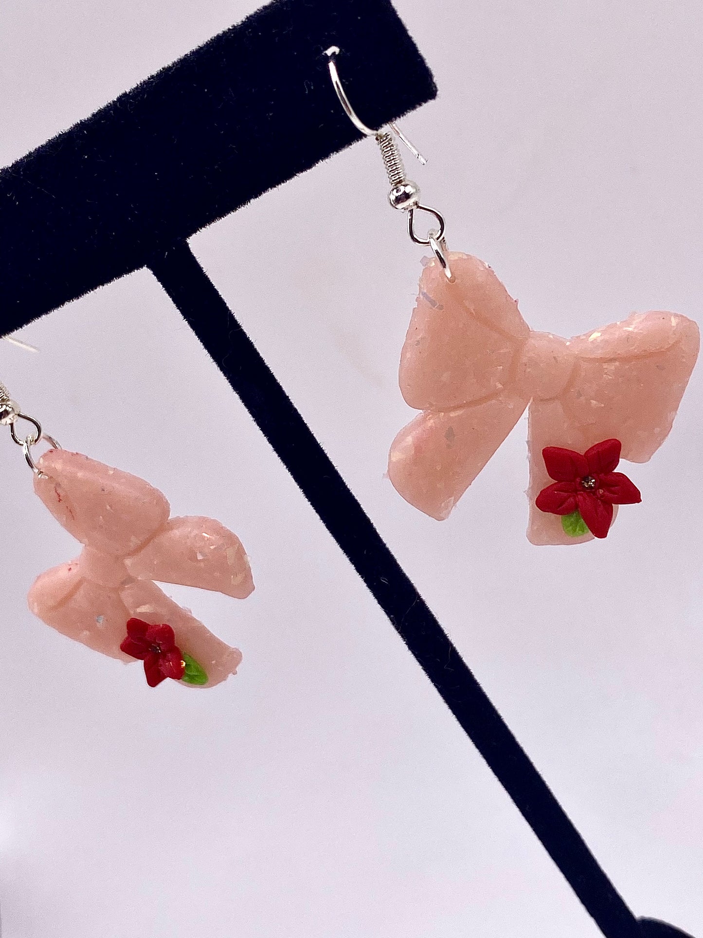 Pink Bow with Red Flowers Earrings 004