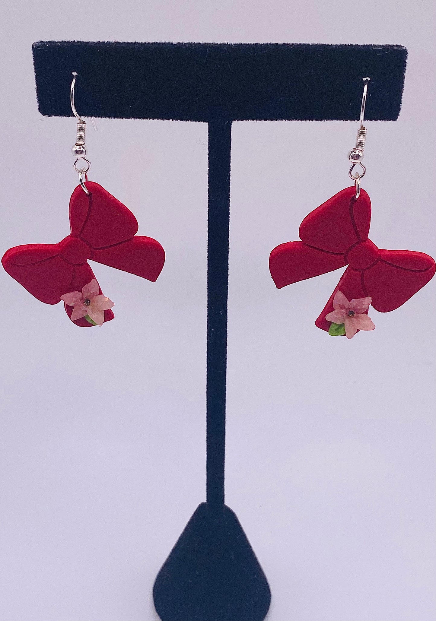 Red Bow with Pink Flower Earrings 002