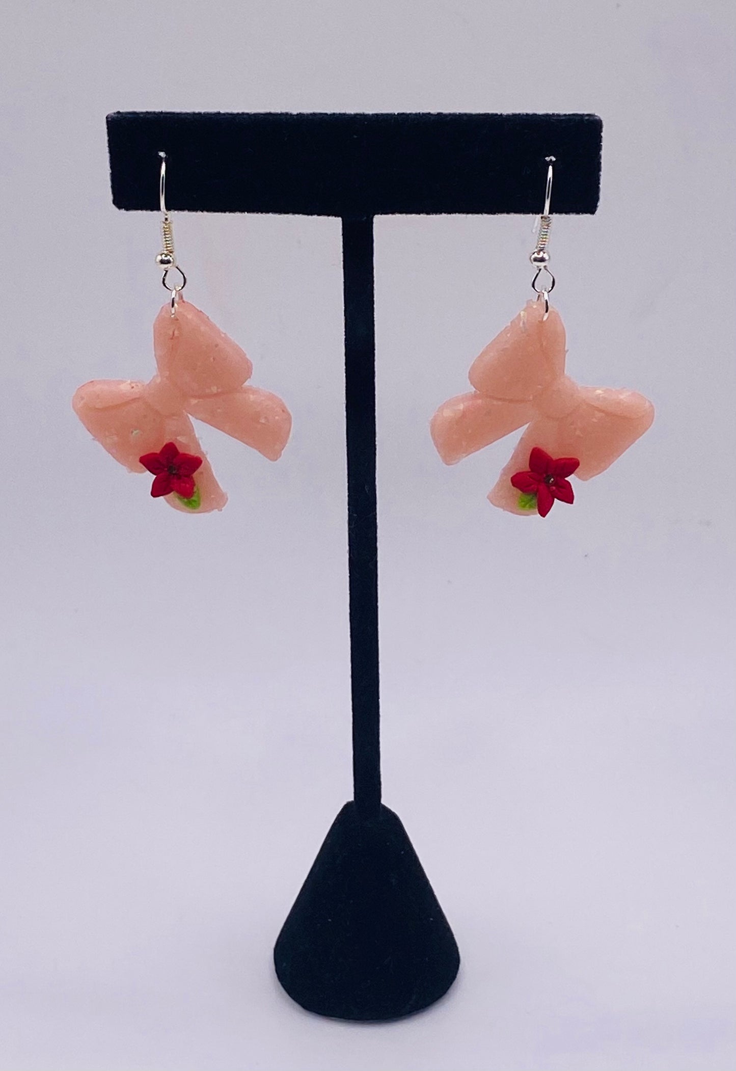 Pink Bow with Red Flowers Earrings 004