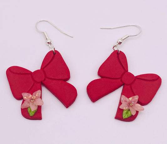 Red Bow with Pink Flower Earrings 002