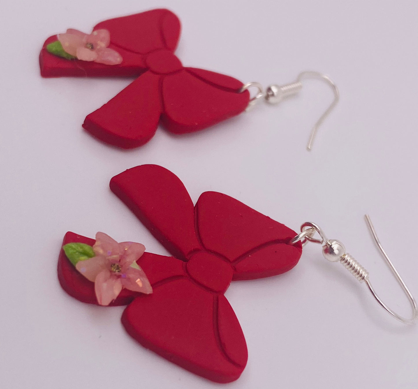 Red Bow with Pink Flower Earrings 002