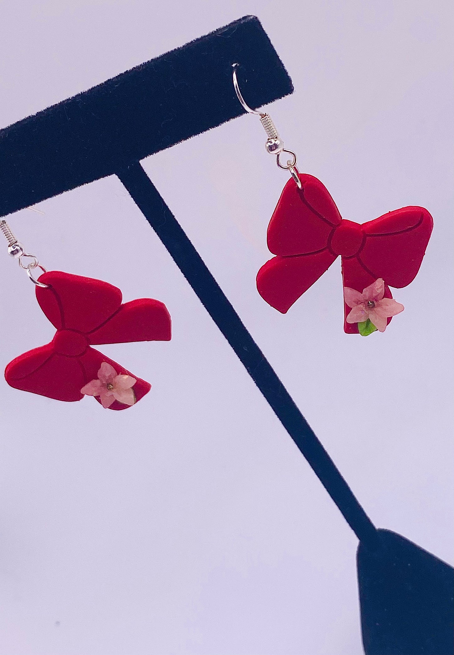 Red Bow with Pink Flower Earrings 002