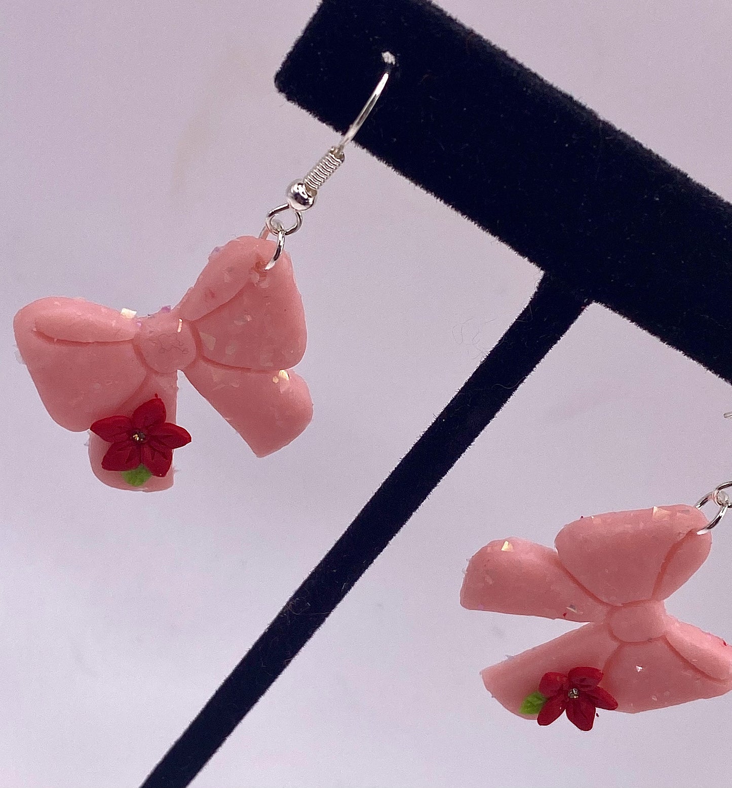 Pink Bow with Red Flowers Earrings 004