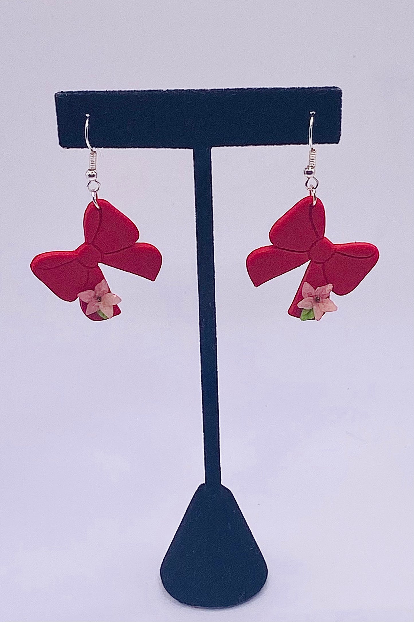 Red Bow with Pink Flower Earrings 002