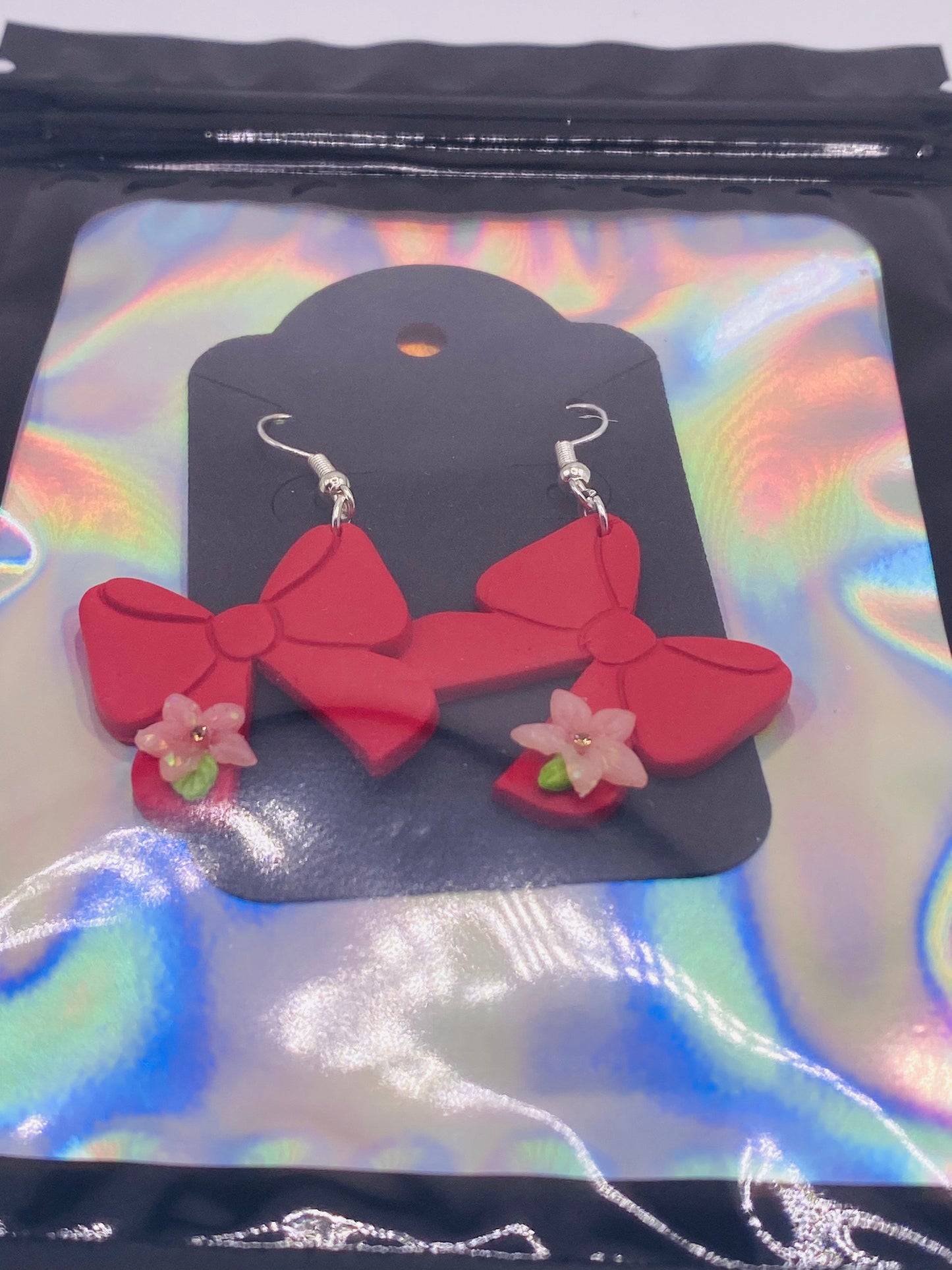 Red Bow with Pink Flower Earrings 002