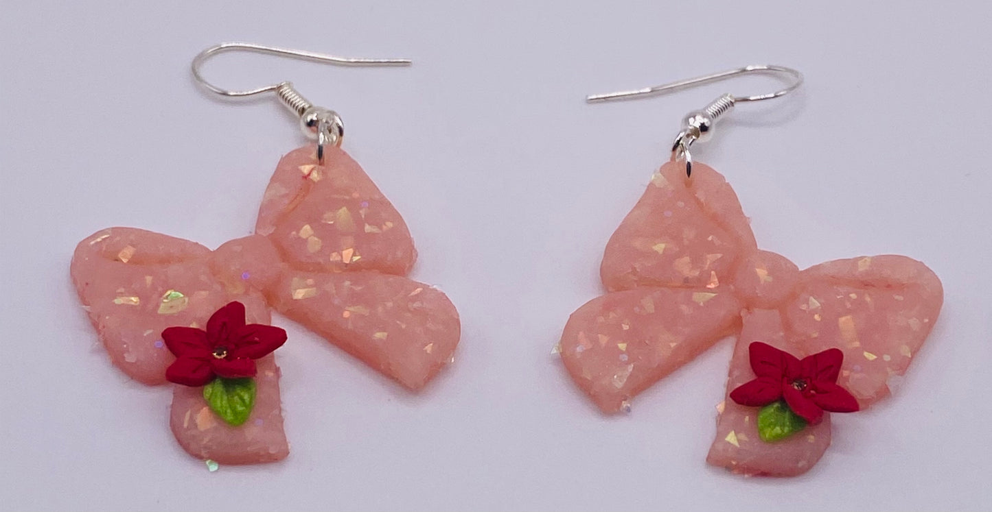 Pink Bow with Red Flowers Earrings 004