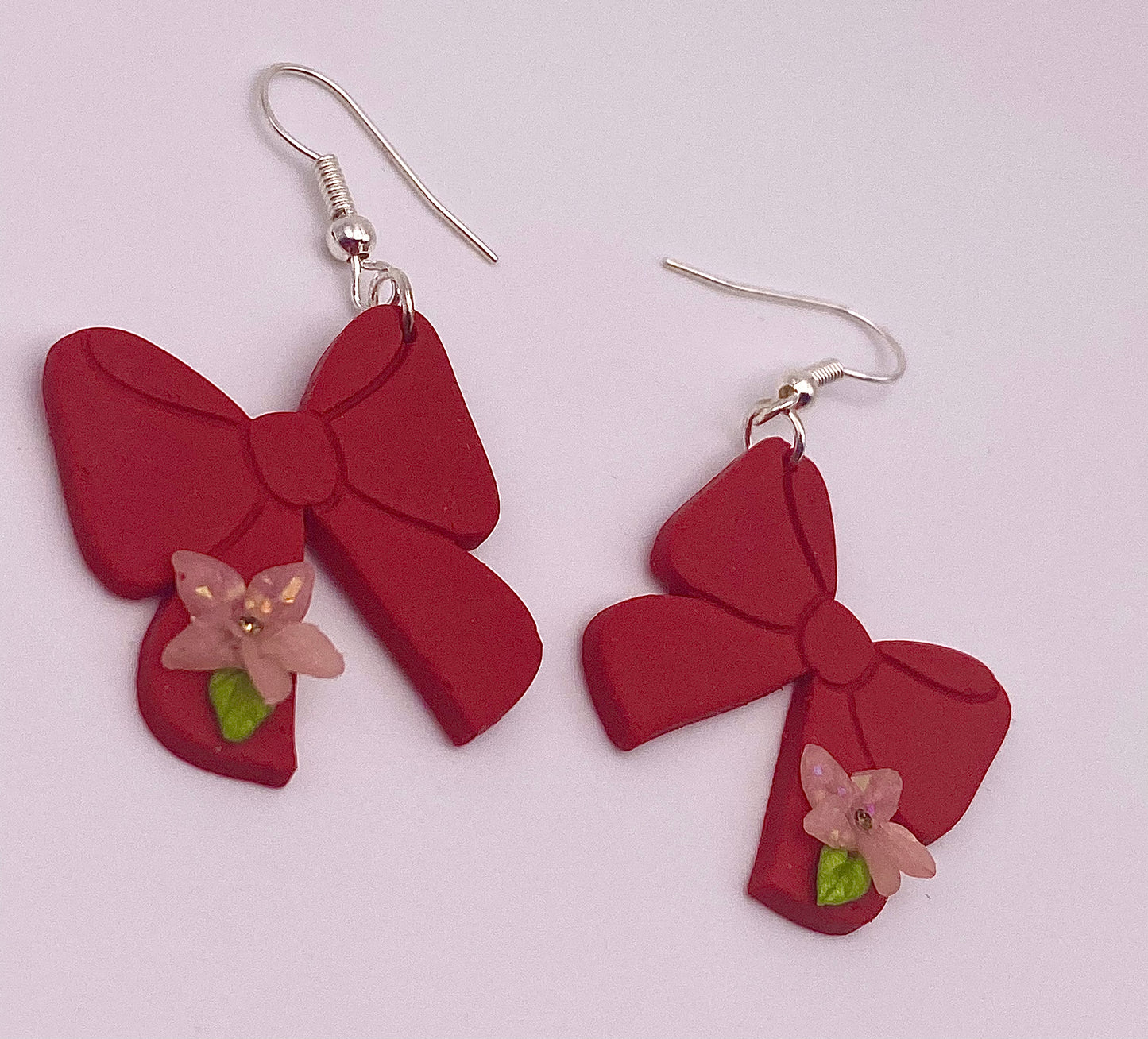 Red Bow with Pink Flower Earrings 002