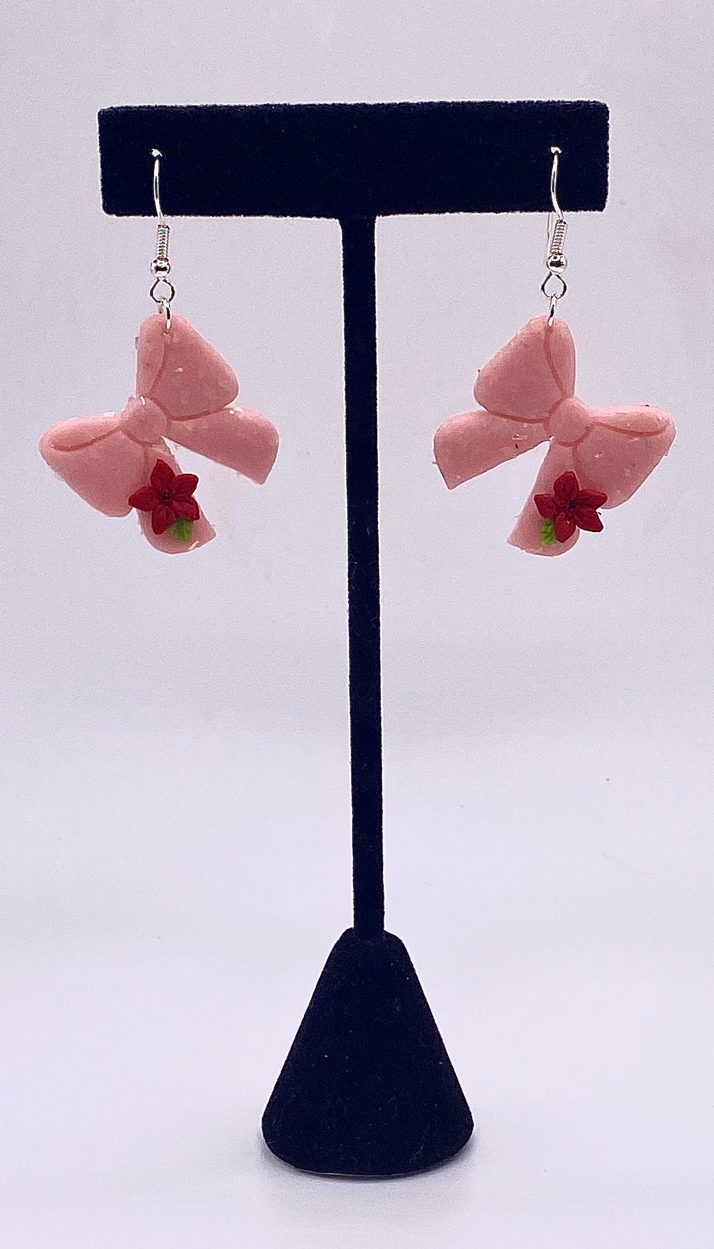 Pink Bow with Red Flowers Earrings 004